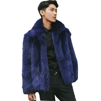 

Male Casual Dark Blue Fox Fur Jackets Large Size Mens Turn Down Collar Winter Autumn Man-Made Fur Coat Outwear Plus Size S/5XL