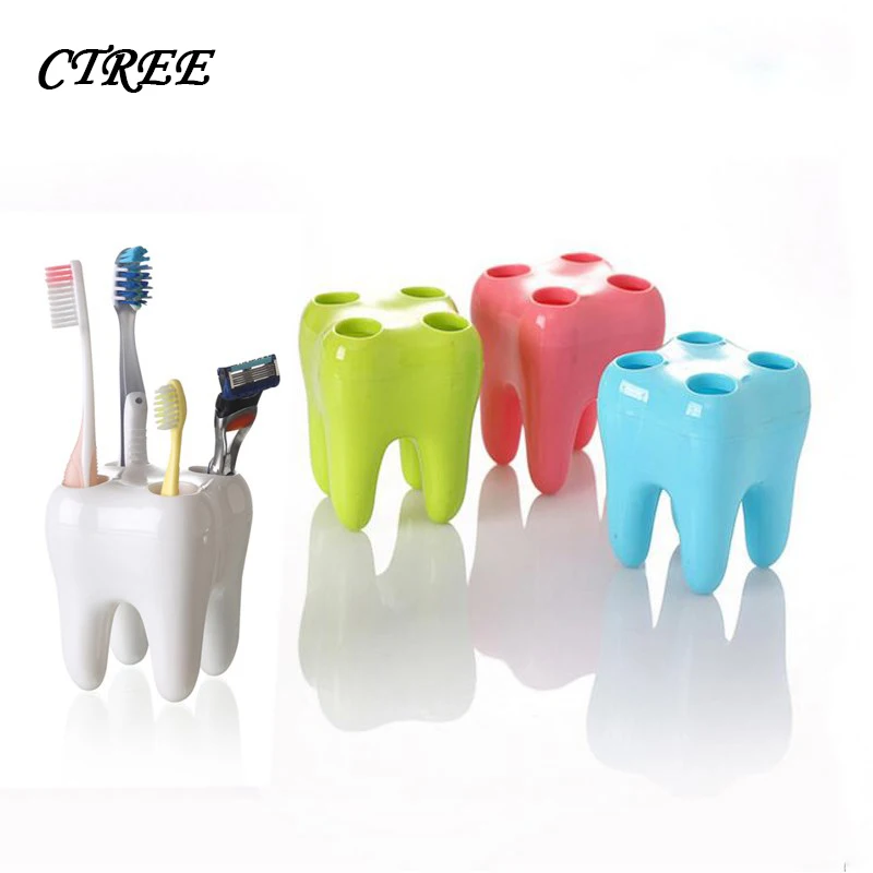 

CTREE 8 Colors Cute Cartoon Tooth Shape Face 4 Hole Fashion Tooth Style Toothbrush Holder Bracket Container Bathroom Wash C849