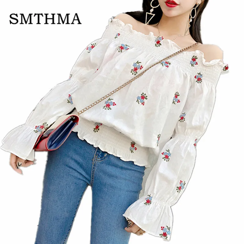 

SMTHMA 2019 Spring Sexy Off Shoulder Flare Sleevs Embroidered flowers womens tops and blouses