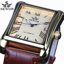 New SEWOR Top Brand Luxury Rectangular Men Watches Automatic Mechanical Watch Roman Display Antique Clock Relogio Wrist Watch