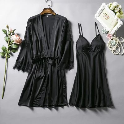 Бренд Fiklyc, женская сексуальная ночная рубашка с v-образным вырезом+ халаты, атласные и кружевные халаты и наборы ночных рубашек с мягким бюстгальтером, ночнушки высокого качества - Цвет: black set