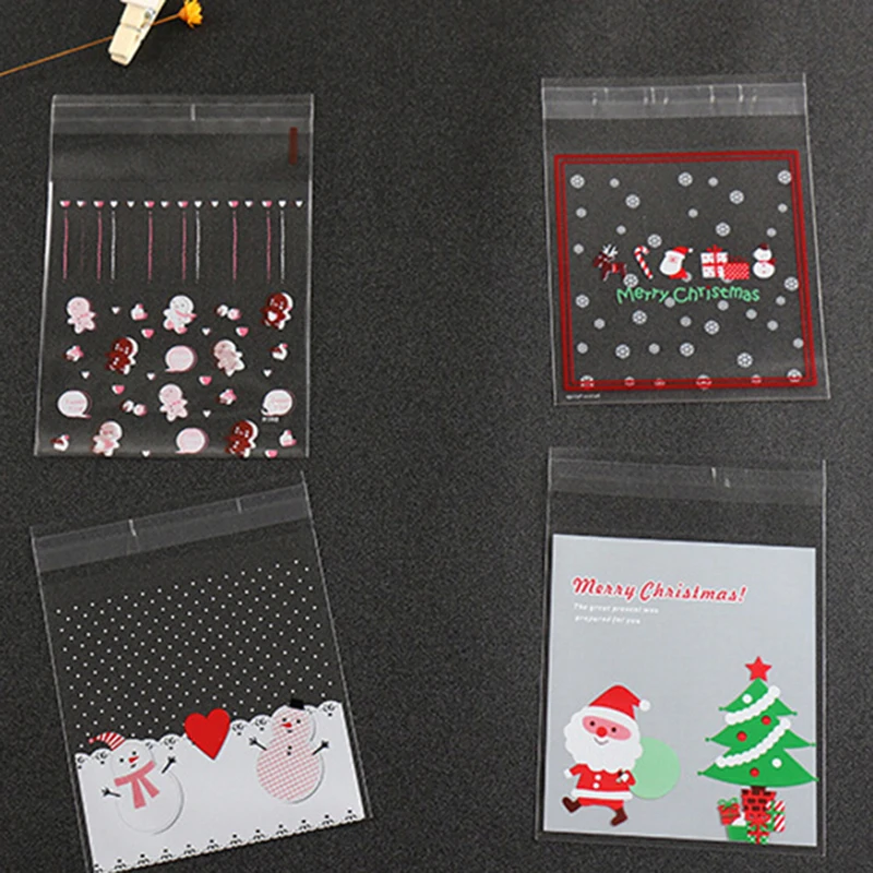 100pcs Cookie Gift Bags Christmas Santa Snowman Claus Snacks Biscuits Packaging Plastic Bags Candy Bag Party Wedding Favor