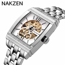 Rectangle Automatic Mechanical Men Watches NAKZEN Unique Design Style Tourbillon Skeleton Male Clock Silver Case Wrist Watch