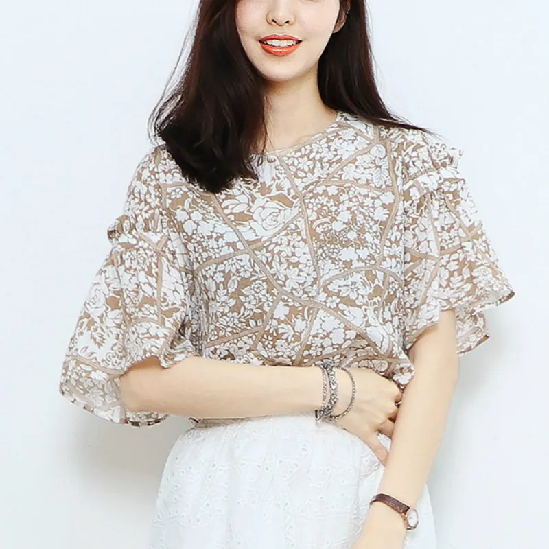 Wankou Women Blouse Summer 2017 New Short Flare Sleeve Sweet Print O-neck Regular Blouses Womens Tunic Shirts Female Clothing |