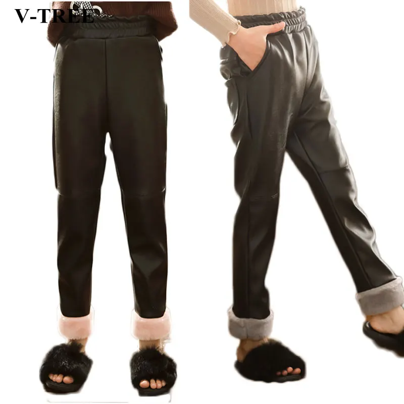 

Girls Leather Pants Plus Velvet Trousers For Girl 2018 Winter Warm Pants Children Leggings Fleece Kids PU Leggins 8 10 12yrs