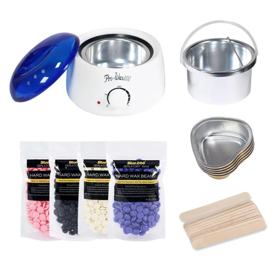 

Brand New 4x100g Women Hair Removal Bean+10pcs Wiping Sticks Hot Wax Warmer Heater Pot Depilatory Set EU plug