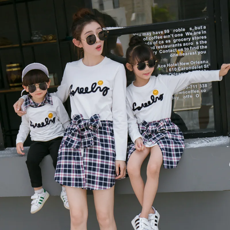 

Mother and Daughter Dress Spring Autumn New Shirt Dress for Girl Father Son Long Sleeve T Shirt Family Clothing Plaid Patchwork