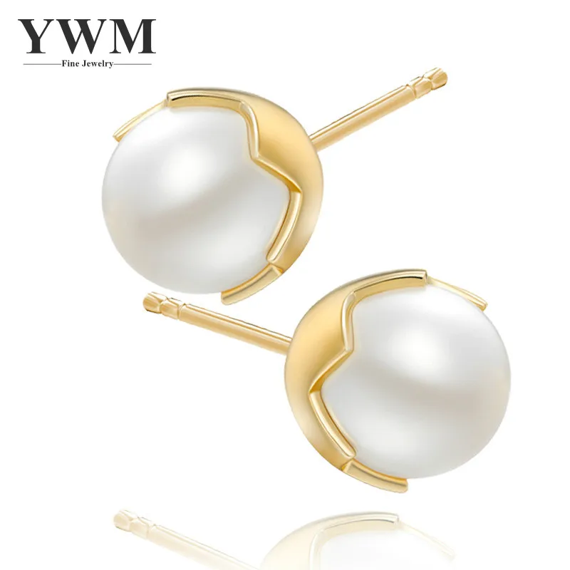 YWM 925 Sterling Silver Egg Shell Beads Golden Egg Pearl Stud Earrings Simple Earrings for Women Girls Fine Jewelry