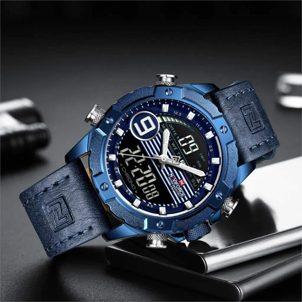 NAVIFORCE брендовые новые синие мужские часы кожаный Спортивный Хронограф военные кварцевые часы Аналоговые Цифровые 3ATM водонепроницаемые