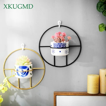 

Nordic Succulent Plant Wall Mounted Flowerpot Container Iron Round Vase Simple Ceramic Self Water-Absorbing Desktop Planter Set