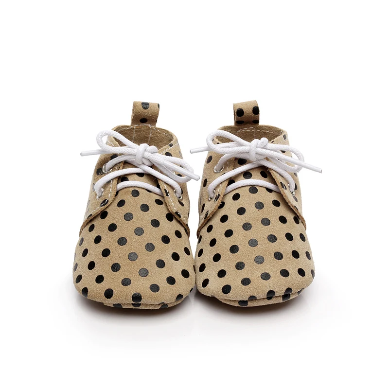 1Pair Cute Baby First Walkers Black Polka Dot Khaki Soft Leather Shoes Lace-up Fashion Non-slip Footwear Crib Shoes All Seasons baby shoes first walkers baby soft bottom anti slip shoes for newborn fashion cute soft baby shoes leather winter 60a1057