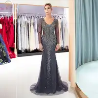 Dark Gray Evening Dresses Walk Beside You Deep V-neck Long Sleeve Mermaid Beaded Crystal Hand Working Prom Gowns Long Party 2019