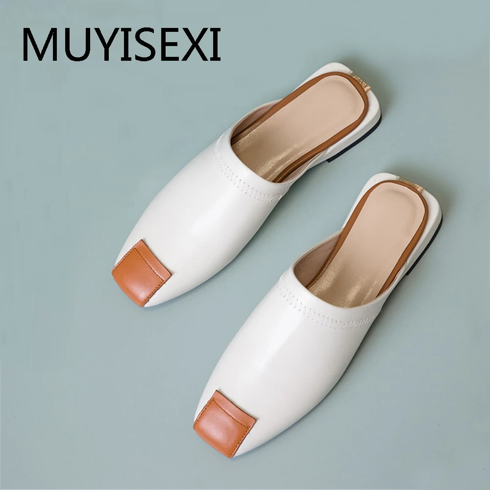 Marque Décontracté Confortables En Femmes Blanc 34 Muyisexi brown Green Pantoufles Véritable Chaussures Mules Cuir Plein 40 Plat Mms06 8dqU8
