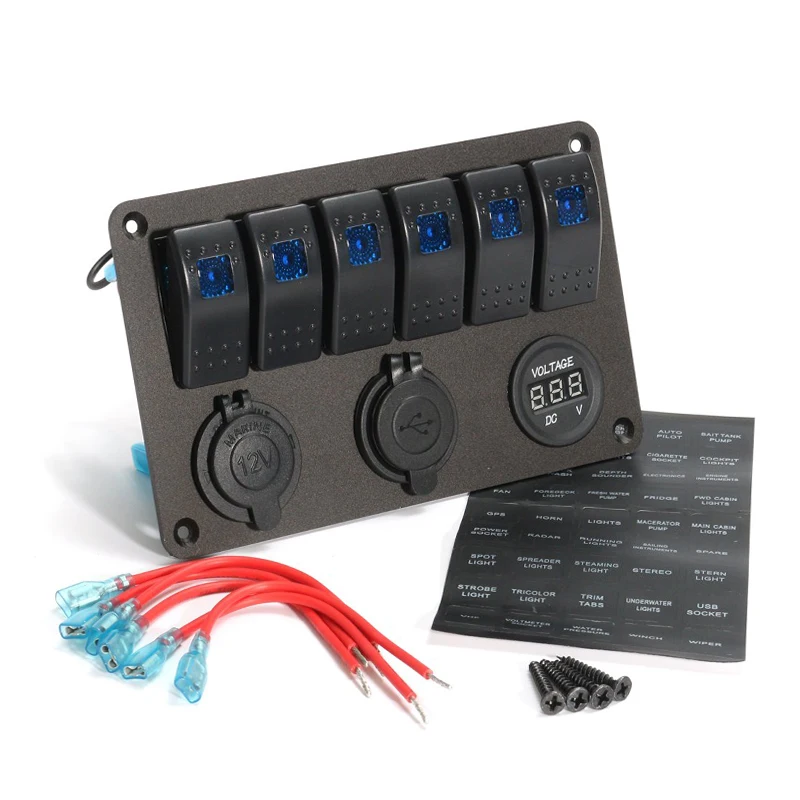

6 Gang Marine Ignition Toggle Rocker Switch Panel Waterproof with Digital Voltmeter 3.1A Dual USB Charger Cigarette Lighter Soc