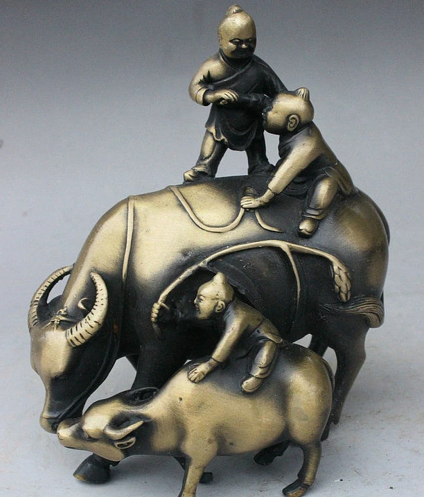 

8" China fengshui Bronze 3 Boy Cowboy Play on Zodiac Bull ox Cattle Calf Statue
