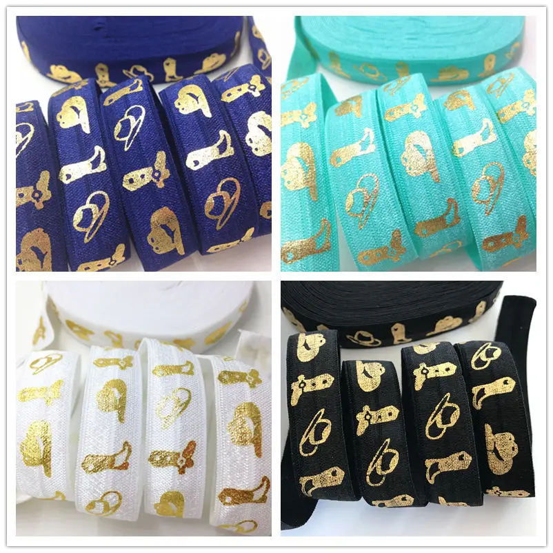 10Yards 5/8" Cowboy Boot Hat Print 5 Colors Fold Over Elastic FOE Ribbon for Hair Tie DIY Headwear Hair Accessory