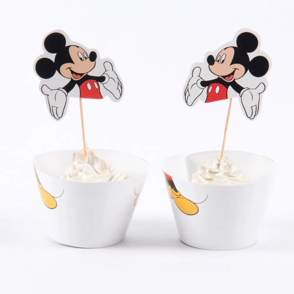 24pcs Cartoon Mickey Minnie Mouse Cupcake Wrappers Toppers Pick Kids 