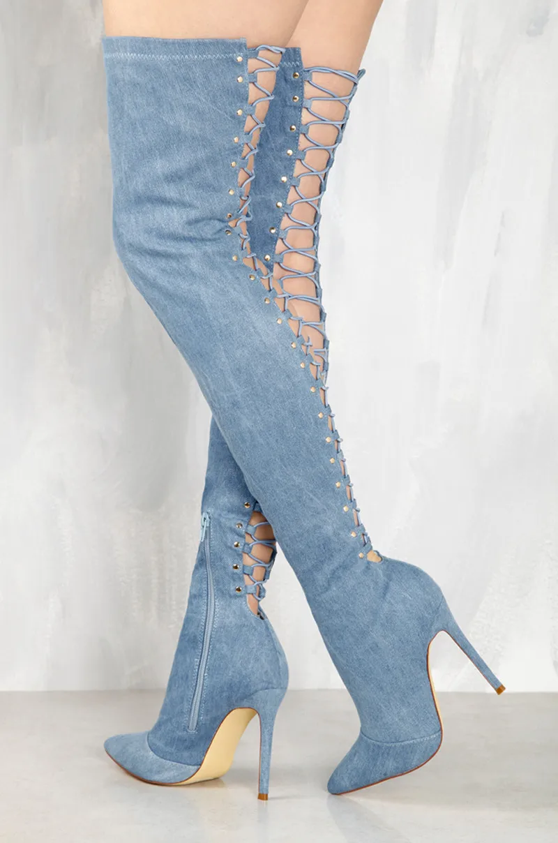 open toe denim thigh high boots