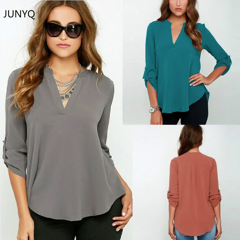 

2019 autumn Europe and the United States Code female V collar long sleeved chiffon shirt sleeve loose fold women chiffon shirt 7