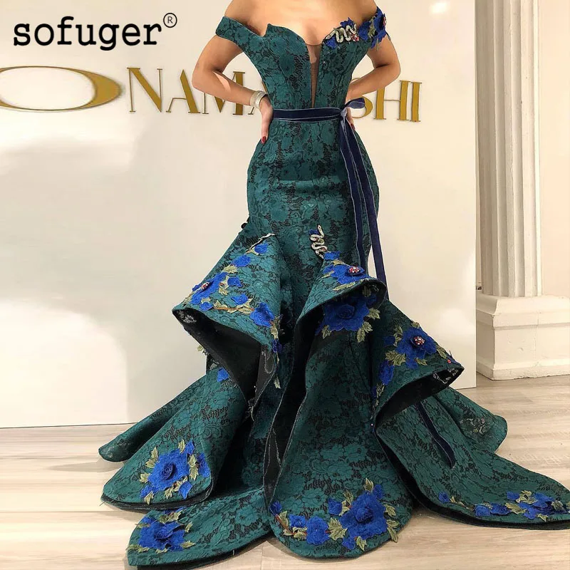 

Green Sexy Evening Dresses Blue Lace Flower Appliques Sofuge Off The Shoulder Sleeve Saudi Arabic Muslim Special Occasion