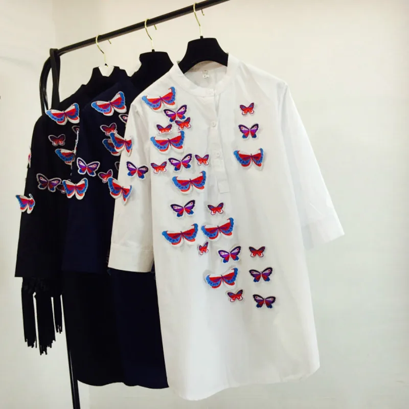 Women 3D butterflies Decor Butterfly Shirts Floral Embroidery Blouses