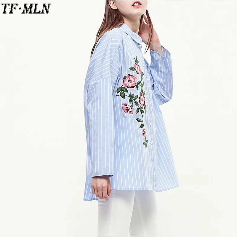 TFMLN Women Embroidered Blouses 2018 Spring Autumn Blue Striped Long Sleeve Shirt Tops New Blusas Camisas Femininas Female Blusa |