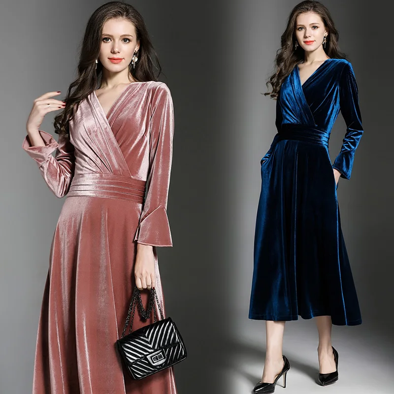 Peacock Blue Velvet Maxi Dress Winter Dresses Women 2018 Vestido Longo V-neck Big Pendulum Long Evening Party Dresses K323780