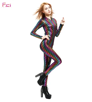 

Mermaid Rainbow Scale Jumpsuit Rompers Long Sleeve Hooded Jumpsuit Plus Size Fish Scale One Piece Jumpsuit Front Zipper