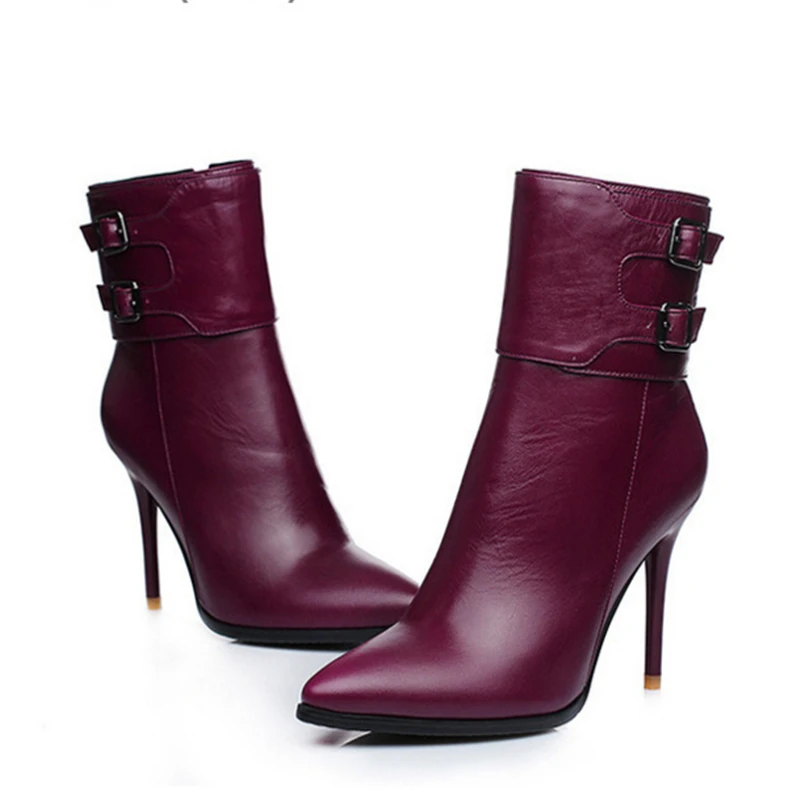 

Women's Genuine leather high-heeled shoes Side zipper Pointed Toe Belt Buckle Autumn Big Yard size 34~43 ankle boots Black Red