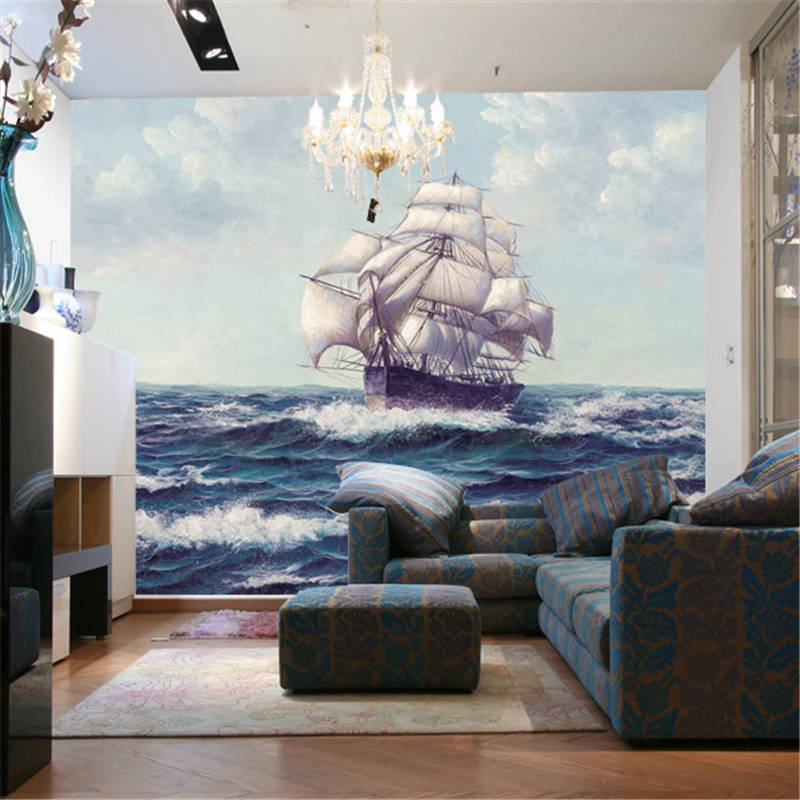 

Seamless smooth sailing ship large mural painting sofa bedroom TV background wallpaper wallpaper 3d papel de parede infantil