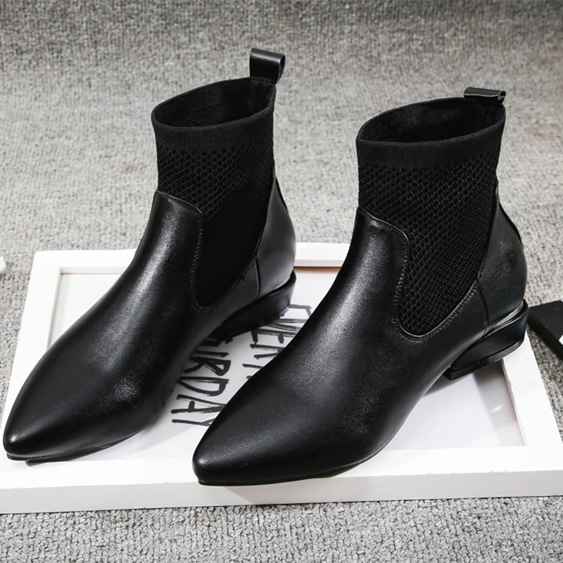 

Famous designer pointed toe leather ankle boots women mesh stretch low heeled martin botas knitting patchwork western botines