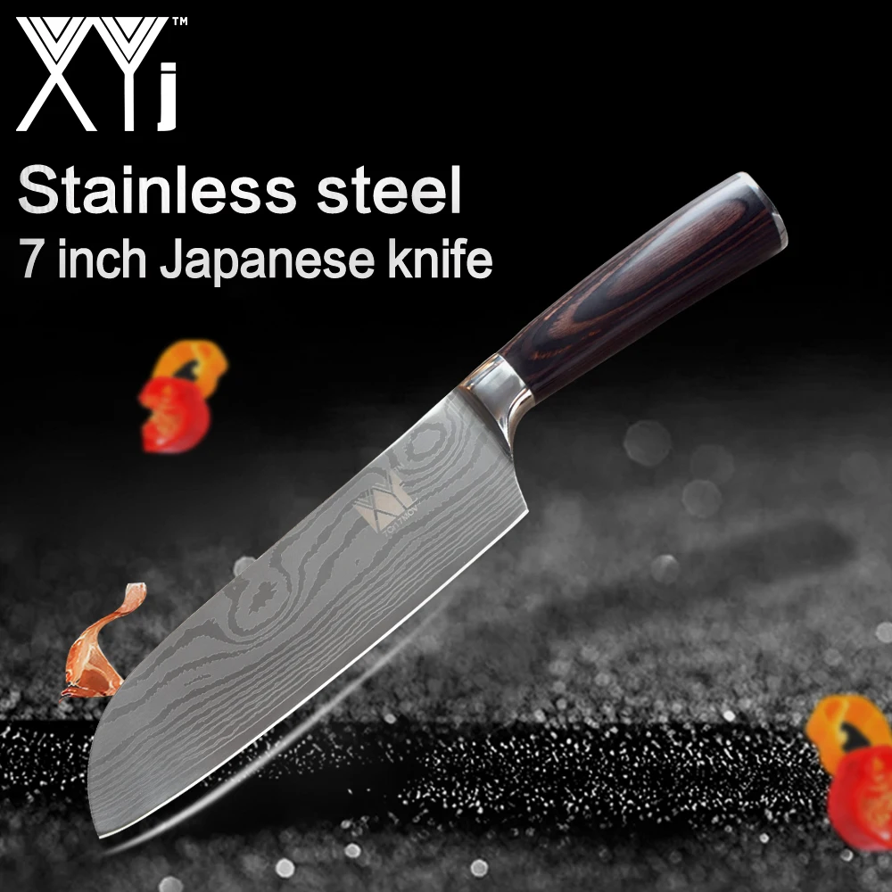 

XYj 7Cr17 Stainless Steel Kitchen Knife 7 inch Santoku Knife Popular Pattern Blade Color Wood Handle Cooking Tools Accessories