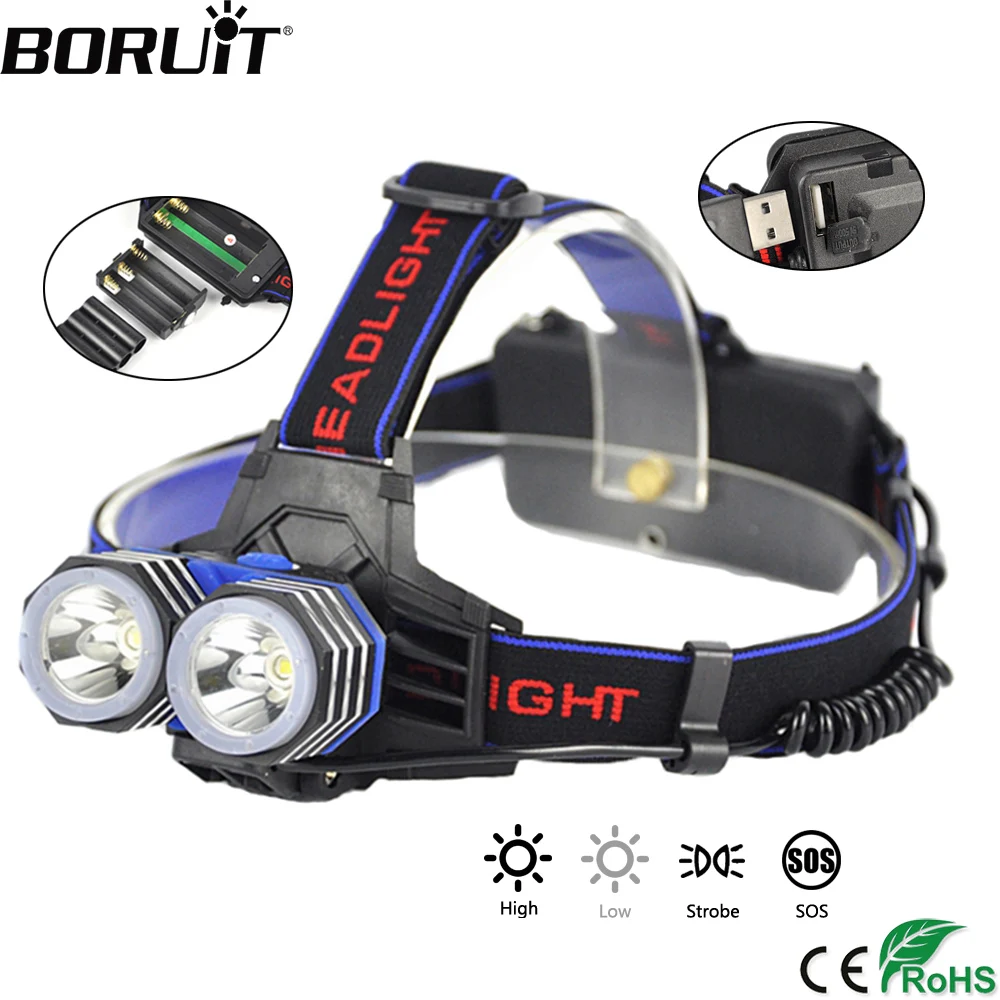 

BORUiT XML T6 LED Headlamp Powerful Power Bank Flashlight Waterproof Head Torch Camping Hunting Flashlight Use 18650 Battery