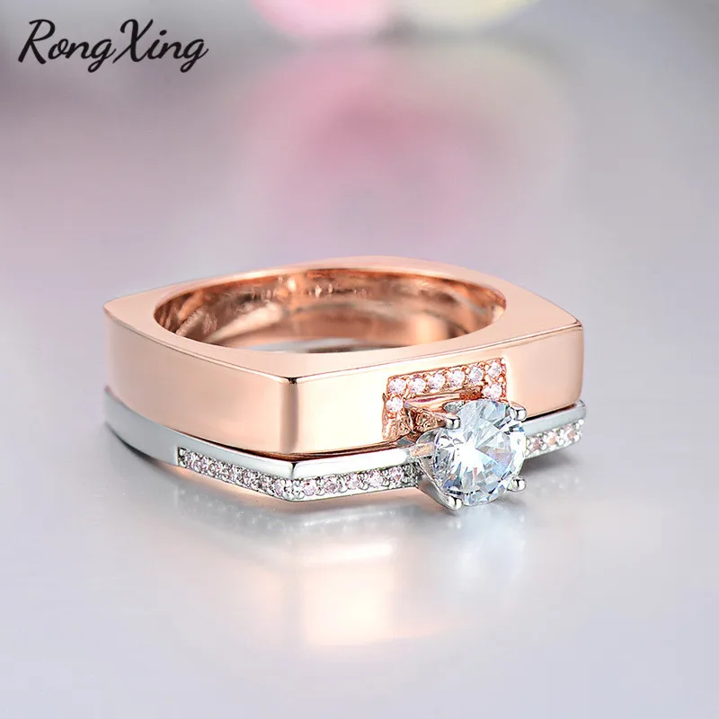 RongXing роскошный кристалл белый циркон обручальное кольцо Набор 925 серебро/серьги камень Двойные кольца для мужчин и женщин пара ювелирных изделий - Цвет основного камня: Rose Gold