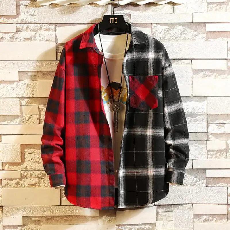 

Single Breasted Long Sleeve Plaid Shirts For Men Casual Oversized Checkered Shirt Square Collar Streetwear Office Blouse Male