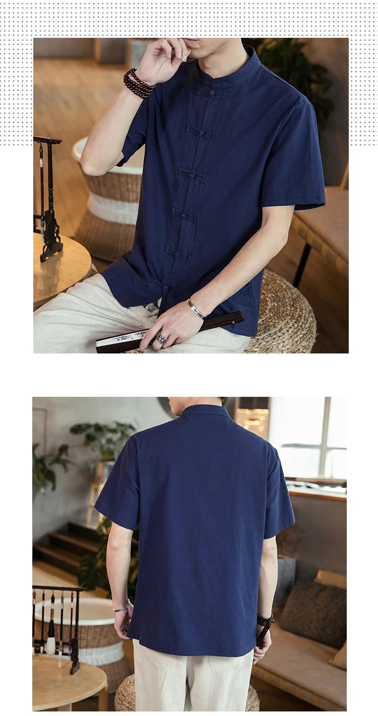 Хлопковая Льняная мужская рубашка рубашки с короткими рукавами Китайская традиционная одежда лягушка Кнопка Повседневная летние мужские рубашки