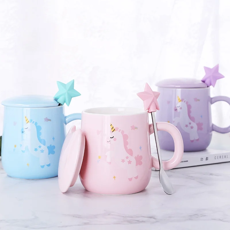 Креативная розовая кофейная кружка с единорогом со звездой, ложкой и крышкой, чашка для питья кофе, чая, подарок, 350 мл, кружки с мультяшным единорогом