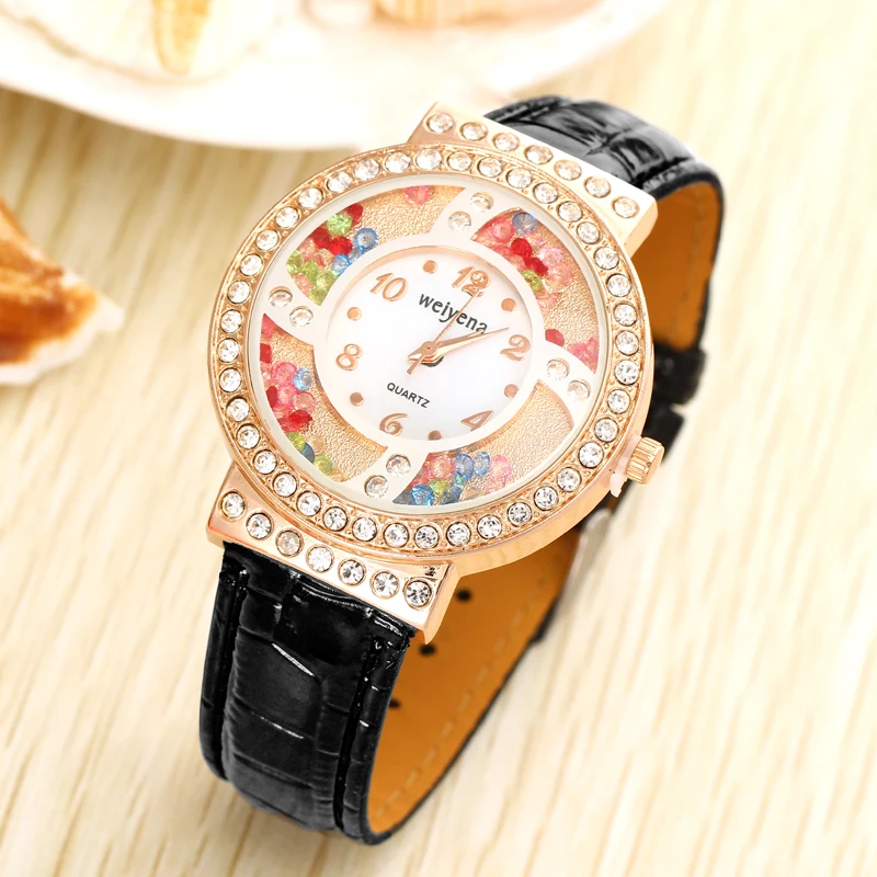 

Black Leather Women Watch Luxury Rhinestone Lady's Watches Colorful Crystal Beads Inlay Quartz Analog Clock Relogio Feminino