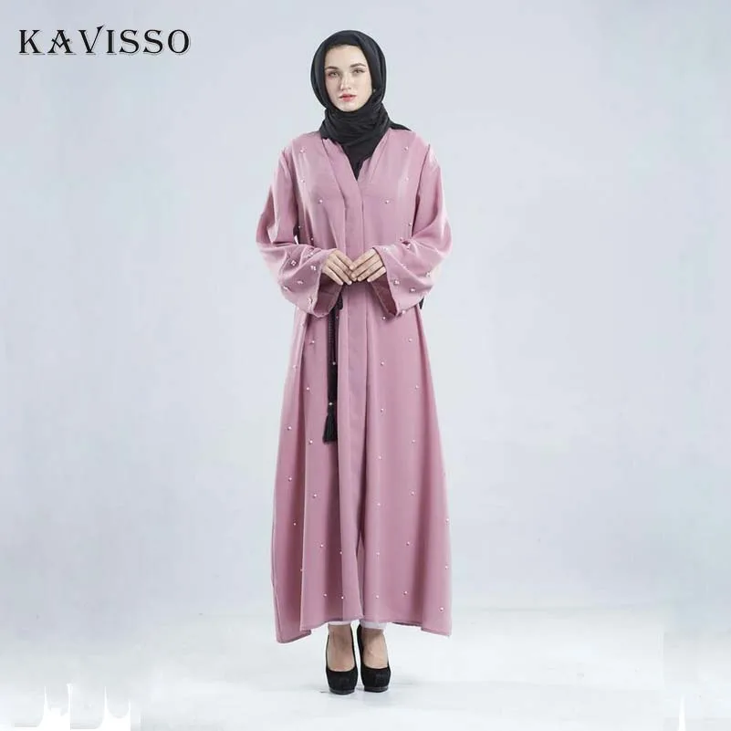 KAVISSO 201 Новые мусульманские женские шикарные жемчужины абайя Ближний Восток вечерние платья Женский V шеи длинный кимоно кардиган бисер розовый халат платье