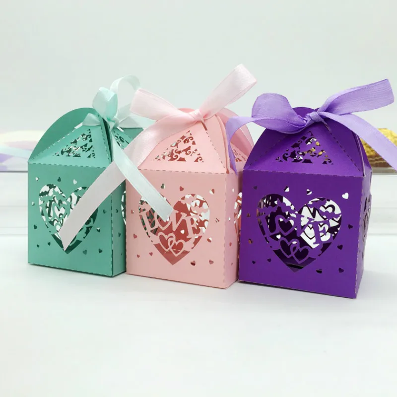 50Pcs Love Heart Laser Cut Gift Candy Boxes With Ribbon Wedding Favor Chocolate Box Baby Shower Sweet bag Decor 8Z | Дом и сад