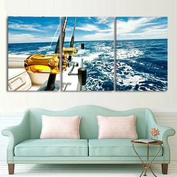 

Modular Pictures Canvas Paintings Wall Art 3 Pcs Yacht Blue Sea Seascape Posters Print Modern Living Room Home Decor Framework