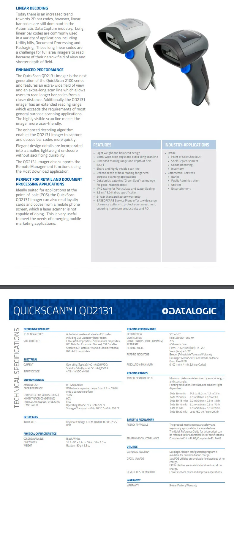 Datalogic быстрое сканирование QD2131 PN: QD2131-BKK1 руководство для быстрой справки 1D CCD проводной ручной сканер штрих-кодов для POS решений