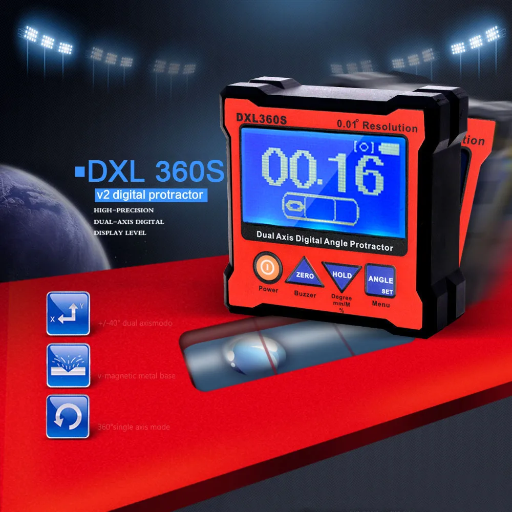 DXL360S двойная ось цифровая угломер Двухосевой цифровой дисплей уровнемер с 5 боковыми магнитными основаниями US Plug