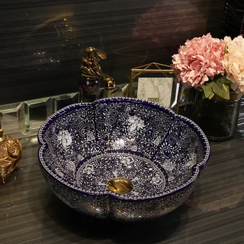 

Blue Porcelain Bathroom ceramic counter top sink art wash basin bathroom sinks flower shape