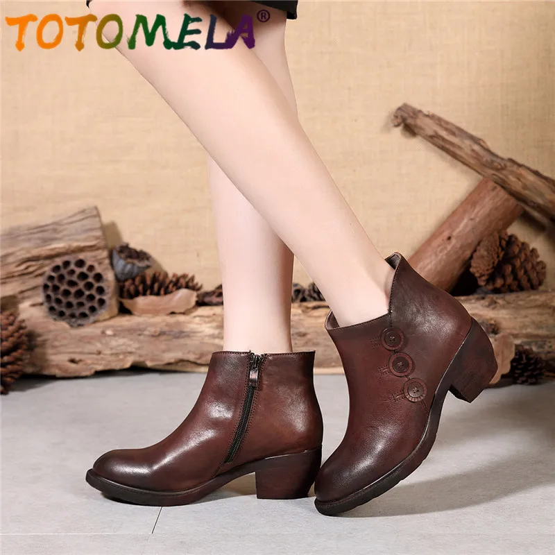 

TOTOMELA 2019 new autumn winter genuine leather ankle boots buckle zipper ethnic comfortable thick heels women shoes