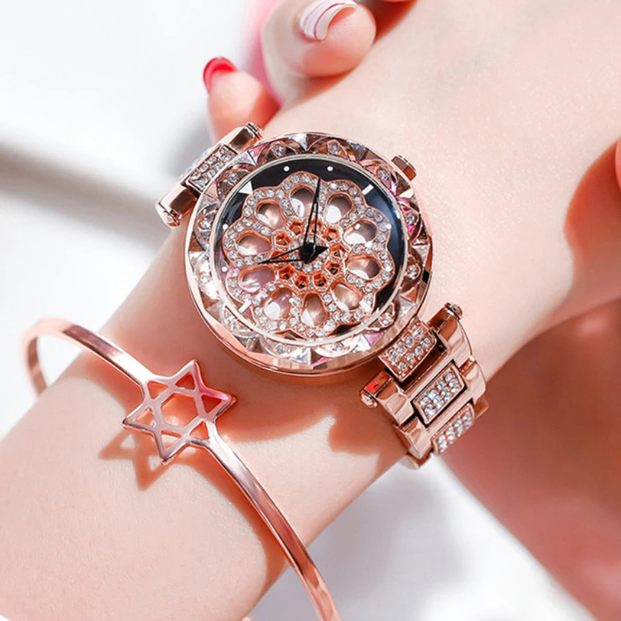 Женские кварцевые часы Chronos с цветком и стразами из стали розового золота