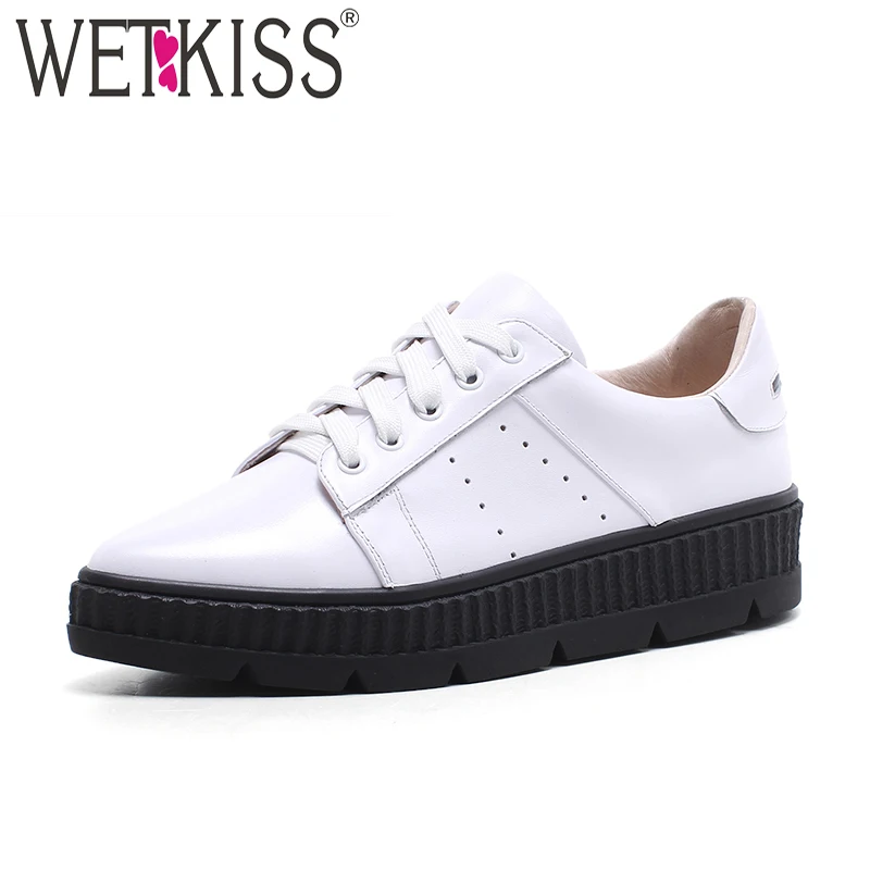

WETKISS Genuine Leather Fashion Casual Women Flats Pointed Toe Lace Up Footwear 2019 Spring Platform Sneaker White Girl Shoes