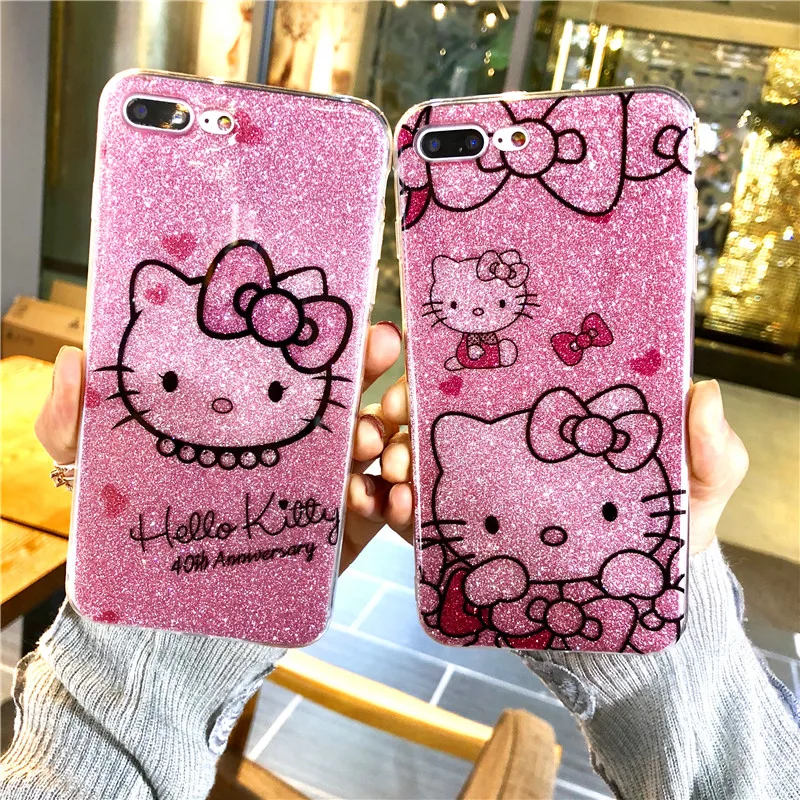 

For iphone X Bling Hello Kitty Soft Phone Case for iPhone 6 6s Plus/7 7Plus/8 8plus Shine Glitter Cute Back Cover Pink TPU Shell