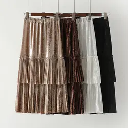Azterumi Весенняя Новинка 2019 г. для женщин Высокая талия плиссированная юбка миди элегантный бархат торт юбки для коричневый, черный, хаки белы