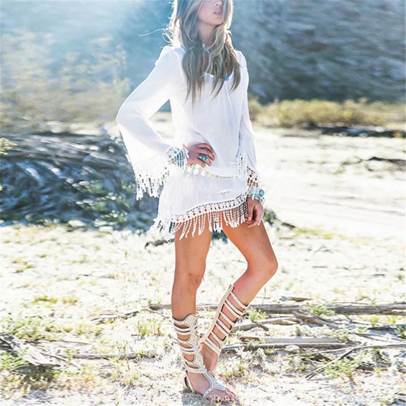 ZANZEA 2017 Summer Women Boho Tassel Lace Dress Sexy Crochet Tunic Beach Party Dresses Black White Chiffion Vestidos Plus Size 16 ZANZEA 2017 Summer Women Boho Tassel Lace Dress Sexy Crochet Tunic Beach Party Dresses Black White Chiffion Vestidos Plus Size 16